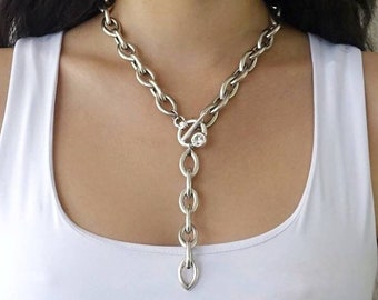 Sliver statement neckalce, Silver chain necklace with toggle clasp and chain drop, Silver drop necklace, Long silver necklace