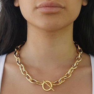 Gold statement necklace, Gold chain necklace with toggle clasp, Gold toggle necklace, Gold plated necklace, Unique necklace