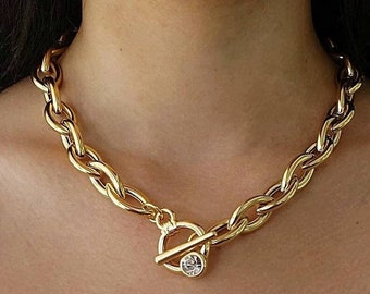 Chunky gold necklace, Gold chunky necklace with toggle clasp, Chunky toggle necklace, Gold toggle necklace