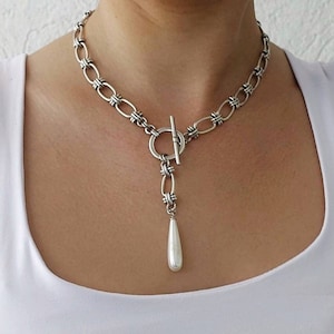 Silver necklace with a pearl drop, Silver pearl necklace, Pearl drop necklace