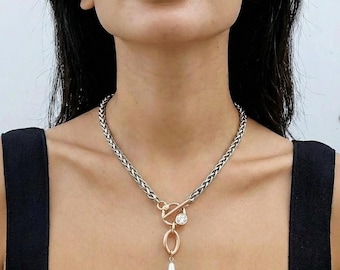 Pearl drop necklace, Chunky silver necklace with toggle clasp and pearl drop