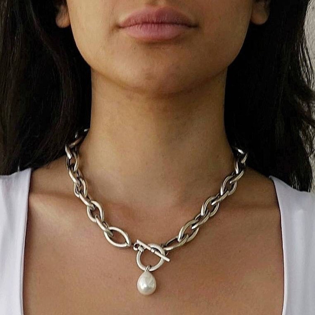 Silver Pearl Chunky Link Chain Necklace main image 1