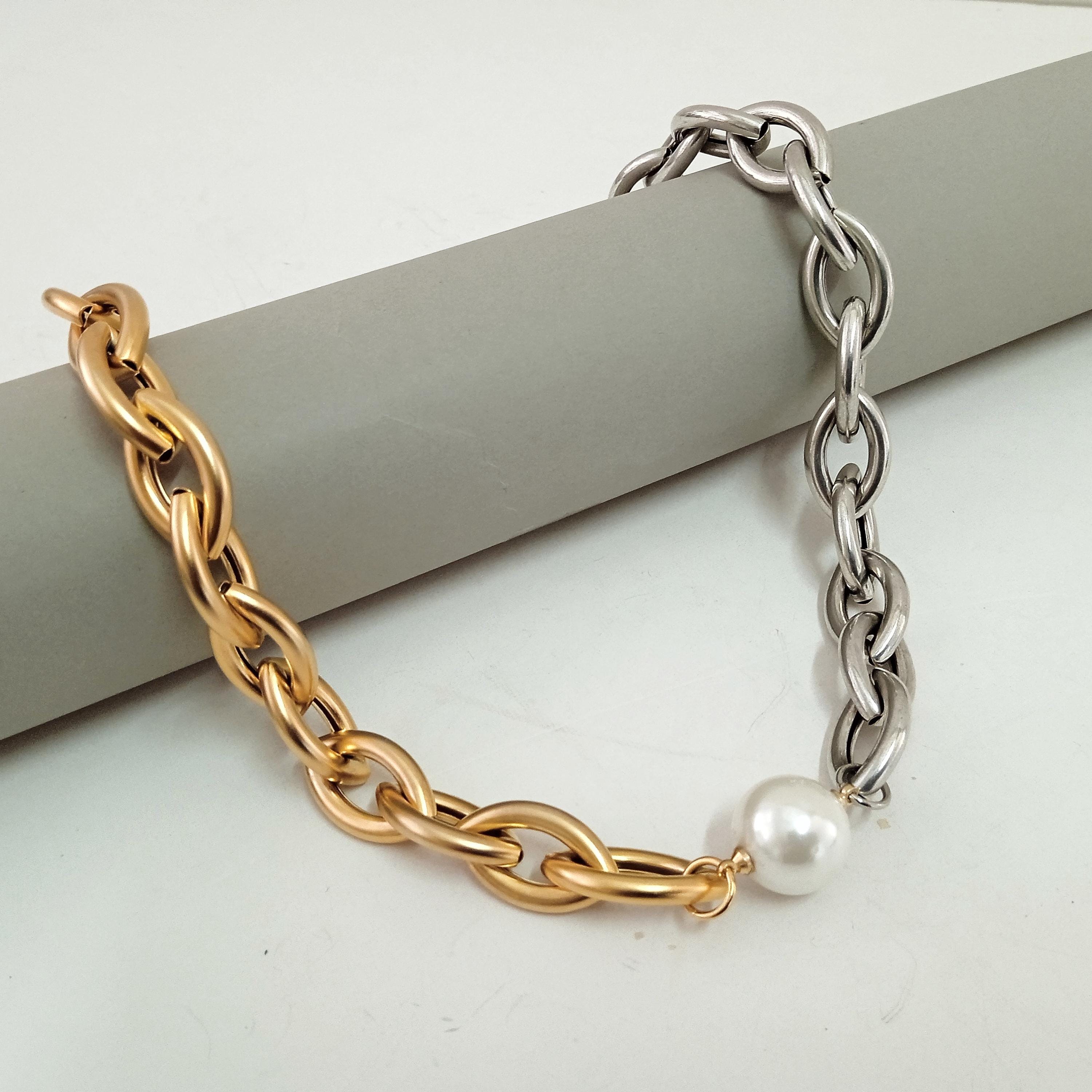 Chunky pearl necklace, Statement necklace for women with pearl pendant, Gold and silver statement necklace