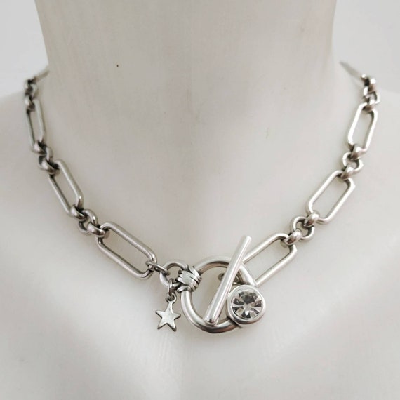 Silver chain necklace with a toggle clasp, Statement silver necklace