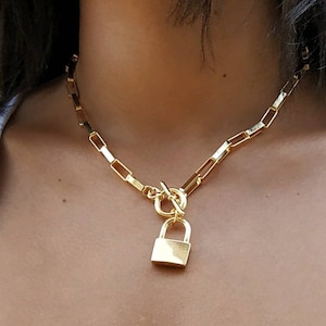 Padlock Necklace Gold Paper Clíp Necklace CZ Padlock 