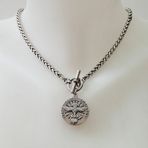 Silver necklace with toggle clasp and silver coin pendant, Toggle necklace, Silver toggle necklace,