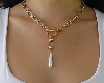 Gold plated necklace with a pearl drop, Gold pearl necklace, Pearl drop necklace