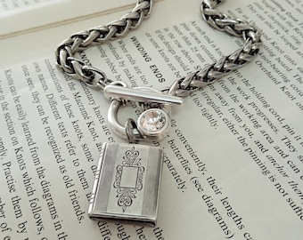 Silver locket necklace with toggle clasp, Rectangle locket pendant necklace