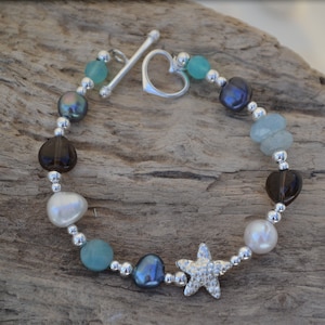 Gemstone bracelet handmade sterling silver starfish fresh water pearls aqua marine women girl gift birthday healing colourful bracelet