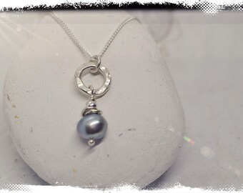 pearl necklace sterling silver, chain pearl drop necklace, charm necklace, grey pearl necklace, pearl anniversary ,bridesmaid gift ,handmade