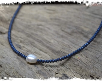 Pearl necklace, dainty blue necklace, blue hematite necklace, beaded necklace, minimalist necklace, blue pearl necklace, womens girls gift