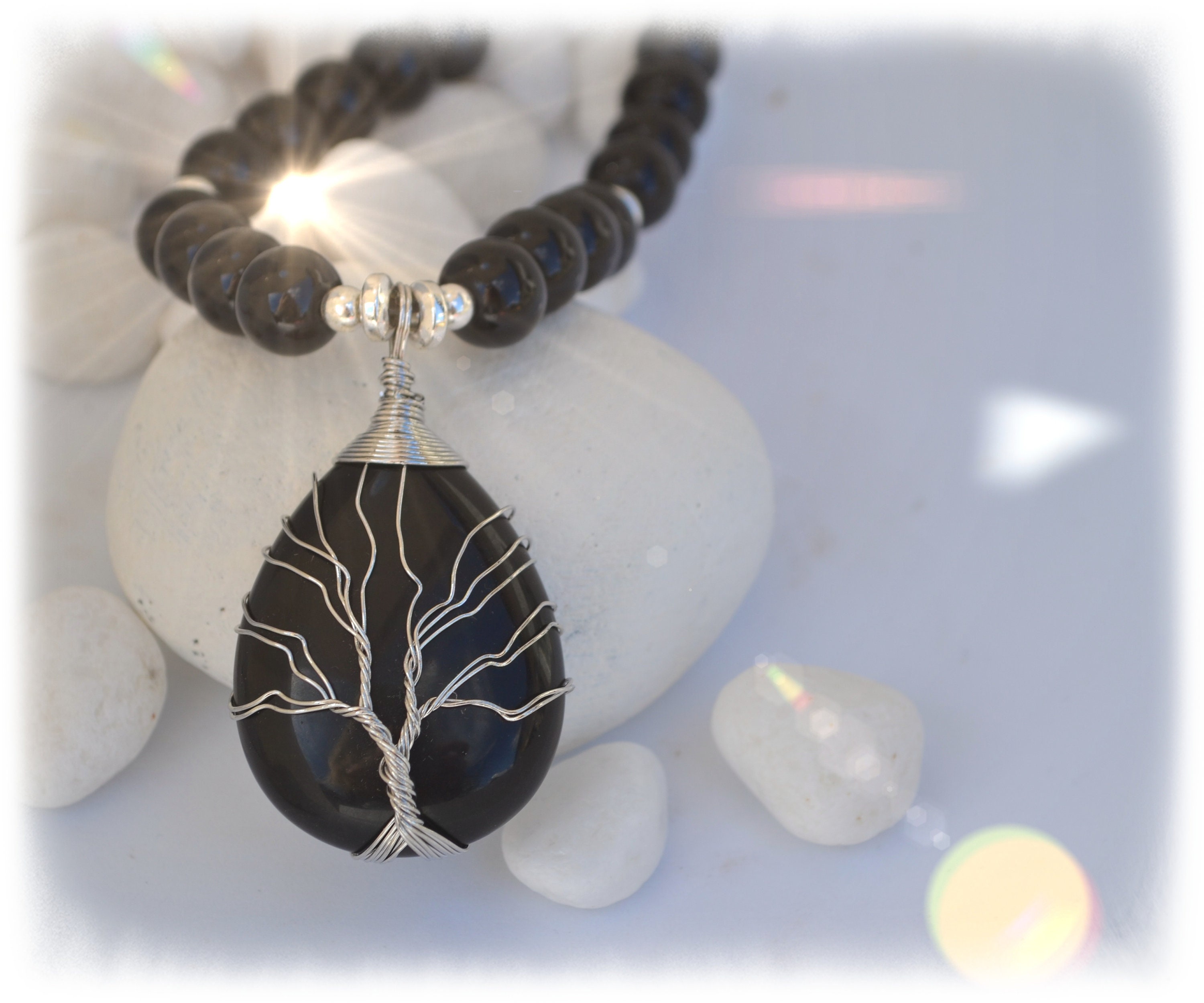 Black agate necklace, tree of life necklace, gemstone necklace, beaded  necklace, healing necklace, protection necklace, boho necklace, gift