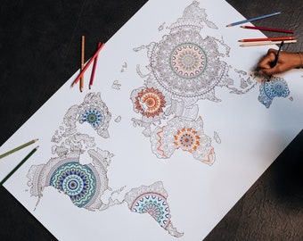 Große Weltkarte Poster mit Mandalas zum ausmalen, Geschenkidee, Mandalas für Erwachsene & Kinder, Wanddekoration Kunst, Mandala Maps