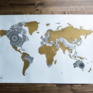 Weltkarte mit Mandalas, Geschenkidee, Weihnachtsdeko, Wandposter in Gold und Weiß, Rubbel Weltkarte, Rubbelkarte, Travel Map