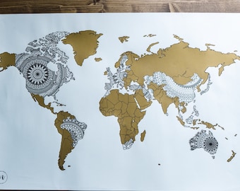 Weltkarte mit Mandalas, Geschenkidee, Weihnachtsdeko, Wandposter in Gold und Weiß, Rubbel Weltkarte, Rubbelkarte, Travel Map