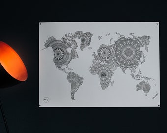 Weltkarte mit Mandalas, Wandposter, Geschenkidee, Weihnachtsgeschenk, Wanddekoration, Mapa podróży w Weiß i Schwarz, Mandala Maps