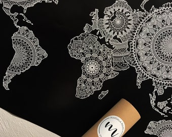 Weltkarte mit Mandalas, Geschenkidee für Freunde, Wandposter, Reisekarte, Wanddekoration, Mapa podróży, Plakat w schwarz und weiß