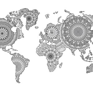 May include: A black and white world map with intricate mandala designs in each country. The map is a coloring page for adults.