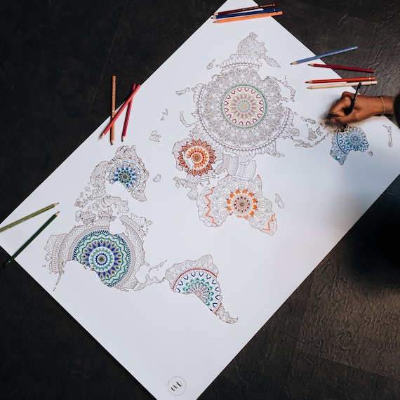 Große Weltkarte Poster mit Mandalas zum ausmalen, Geschenkidee, Mandalas für Erwachsene & Kinder, Wanddekoration Kunst, Mandala Maps