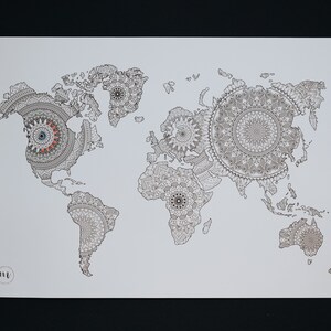 May include: A black and white world map with intricate mandala designs in each country. The map is printed on white paper.
