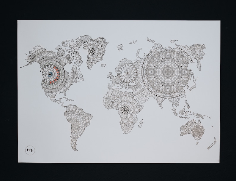 May include: A black and white world map with intricate mandala designs in each country. The map is printed on white paper.