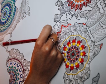 Mandala Weltkarte zum ausmalen, persönliches Geschenk, Travelmap, Mandalas für Erwachsene & Kinder, Wanddekoration, Poster DIY, Mandala Maps