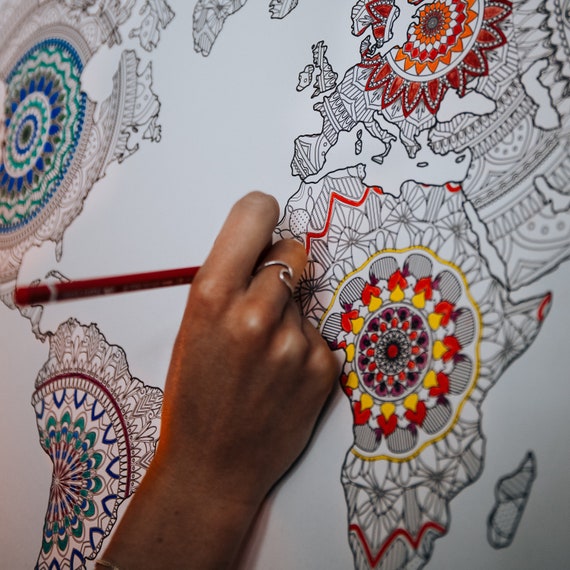 Mandala Weltkarte zum ausmalen, persönliches Geschenk, Travelmap, Mandalas für Erwachsene & Kinder, Wanddekoration, Poster DIY, Mandala Maps
