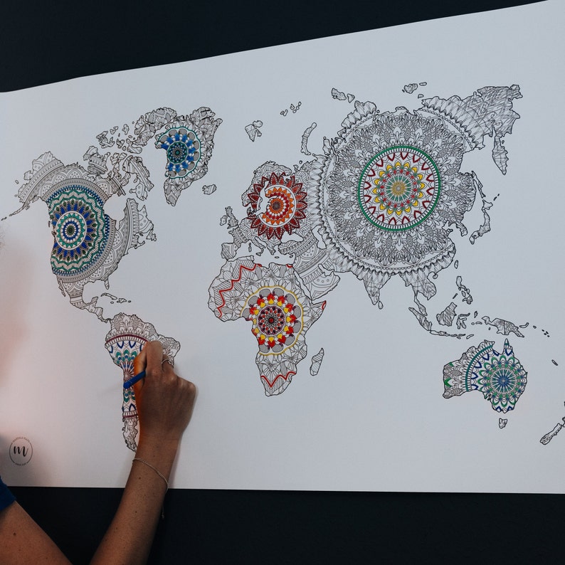 May include: A world map with each continent outlined in black and filled with a colorful mandala design. The continents are North America, South America, Europe, Africa, Asia, and Australia.