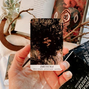 Puede incluir: Una carta de tarot con una imagen de bosque oscuro y la palabra "DRUSUNA" impresa en blanco. El texto "labor-oração, preservação, partilha" está impreso debajo de la palabra "DRUSUNA".
