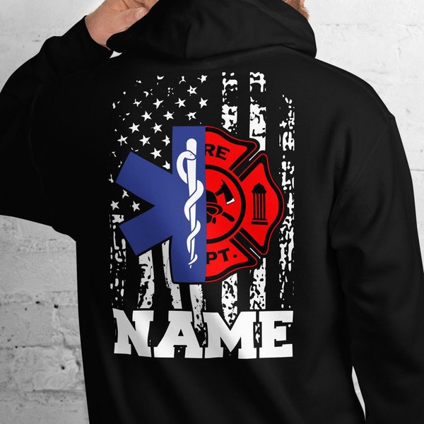 Emt Firefighter Hoodie Name Personalized Firefighter Emt American Flag Gift Customized Ems Firefighter Shirt Star of Life Fire Department