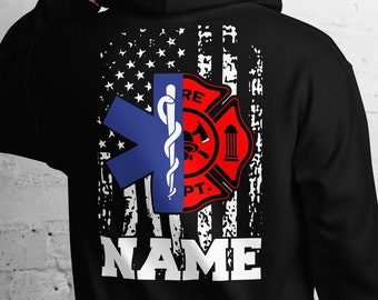 Emt Firefighter Hoodie Name Personalized Firefighter Emt American Flag Gift Customized Ems Firefighter Shirt Star of Life Fire Department