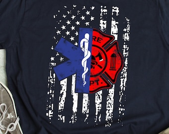 EMT Firefighter Shirt Firefighter EMT American Flag Gift T-Shirt EMS Fireman TShirt Star of Life Fire Department Symbol Front Print
