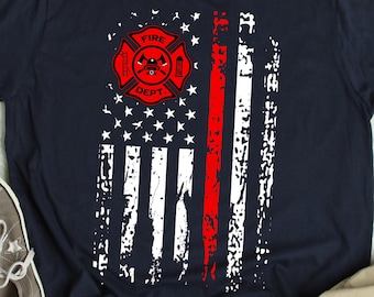 Firefighter Shirt Firefighter Gift American Flag Fire Department Symbol Fire Service Badge TShirt USA Firefighting Thin Red Line T Shirt