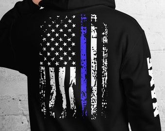 Sudadera con capucha de la policía Nombre impreso en la manga Línea azul delgada Oficial de policía personalizado Regalo Bandera estadounidense Aplicación de la ley personalizada Policía estadounidense
