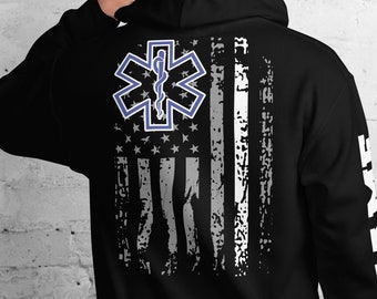 Personalized EMT Hoodie Customized EMS Gift Print USA Name Print on Sleeve Star of Life Thin White Line American Flag Paramedic Name Hoodie