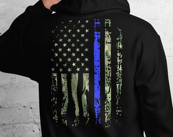 Sudadera con capucha de la policía Camuflaje Delgada Línea Azul Sudadera con capucha Oficial de policía Regalo Insignia de policía Bandera estadounidense EE.UU. Regalo de la policía Policía policial