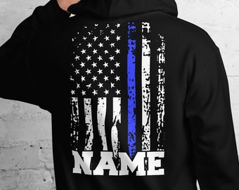 Sudadera con capucha de policía personalizada Nombre personalizable Oficial de policía Sudadera con capucha Regalo de policía Línea azul delgada Sudadera con capucha de bandera americana Regalo de oficial de policía