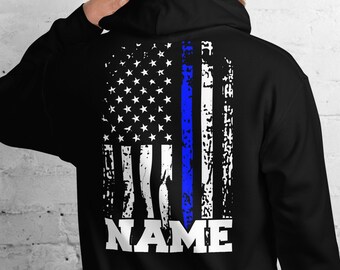 Sudadera con capucha de policía personalizada Nombre personalizable Oficial de policía Sudadera con capucha Regalo de policía Línea azul delgada Sudadera con capucha de bandera americana Regalo de oficial de policía