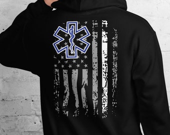 Emt Hoodie Ems Hoodie American Flag Emt Hoodie Back Print Paramedic Star of Life Gift Ems Gift Emt Gift Patriotic Thin White Line Hoodie