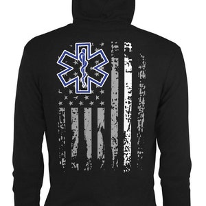 Ems Zip Hoodie Ems Zip Hoodie Amerikanische Flagge Ems Reißverschluss Hoodie Back Print Sanitäter Stern des Lebens Geschenk Emt Geschenk Vaterländischen dünnen weißen Linie