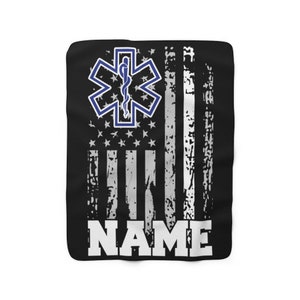 Personalized EMT Blanket Customized EMS Gift USA Thin White Line American Flag Paramedic Name Ems Blanket Emt Blanket