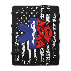 May include: A black and white distressed American flag design with a red and blue medical symbol and a red firefighter symbol on a black background. The medical symbol is a blue star of life with a snake wrapped around a staff. The firefighter symbol is a red circle with a fire axe, a helmet, and a pillar.