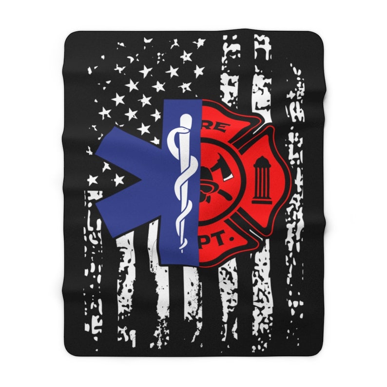 May include: A black and white distressed American flag design with a red and blue medical symbol and a red firefighter symbol on a black background. The medical symbol is a blue star of life with a snake wrapped around a staff. The firefighter symbol is a red circle with a fire axe, a helmet, and a pillar.