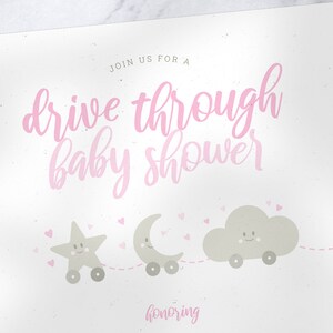 Cloud Star & Moon Pull Toy Drive Through Baby Shower Invitation, Pink Baby Shower Invite