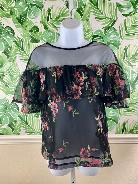 Boho Black Sheer Flower Blouse ( 70s inspired)