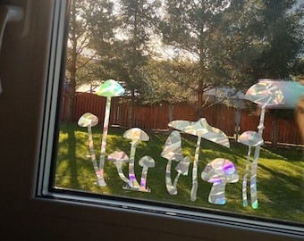 mushrooms suncatcher, witchy woodland rainbow maker sticker,  window rainbow cling, suncatcher sticker, sun catcher for car