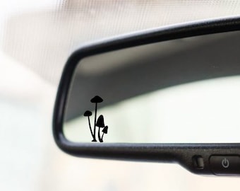 rearview mirror decal,  tiny mushroom sticker, small fungus decal, laptop car boat suv truck, holographic iridescent, opal white