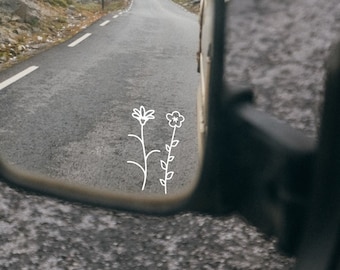 rearview mirror decal,  tiny flower sticker, small botanical decal floral, laptop car boat suv truck, holographic iridescent, opal white