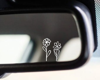 achteruitkijkspiegel sticker, kleine bloem sticker, kleine botanische sticker bloemen, laptop auto boot suv vrachtwagen, holografische iriserende, opaal wit