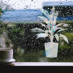 May include: A white ceramic coffee mug sits on a wooden surface in front of a window with raindrops. A holographic sticker of a potted plant is on the window.